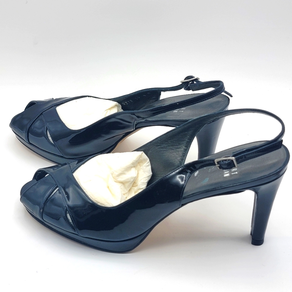 Never Worn! Stuart Weitzman Peep-Toe Patent Leather Navy Pumps Size 10.5 #1526 - Picture 3 of 9